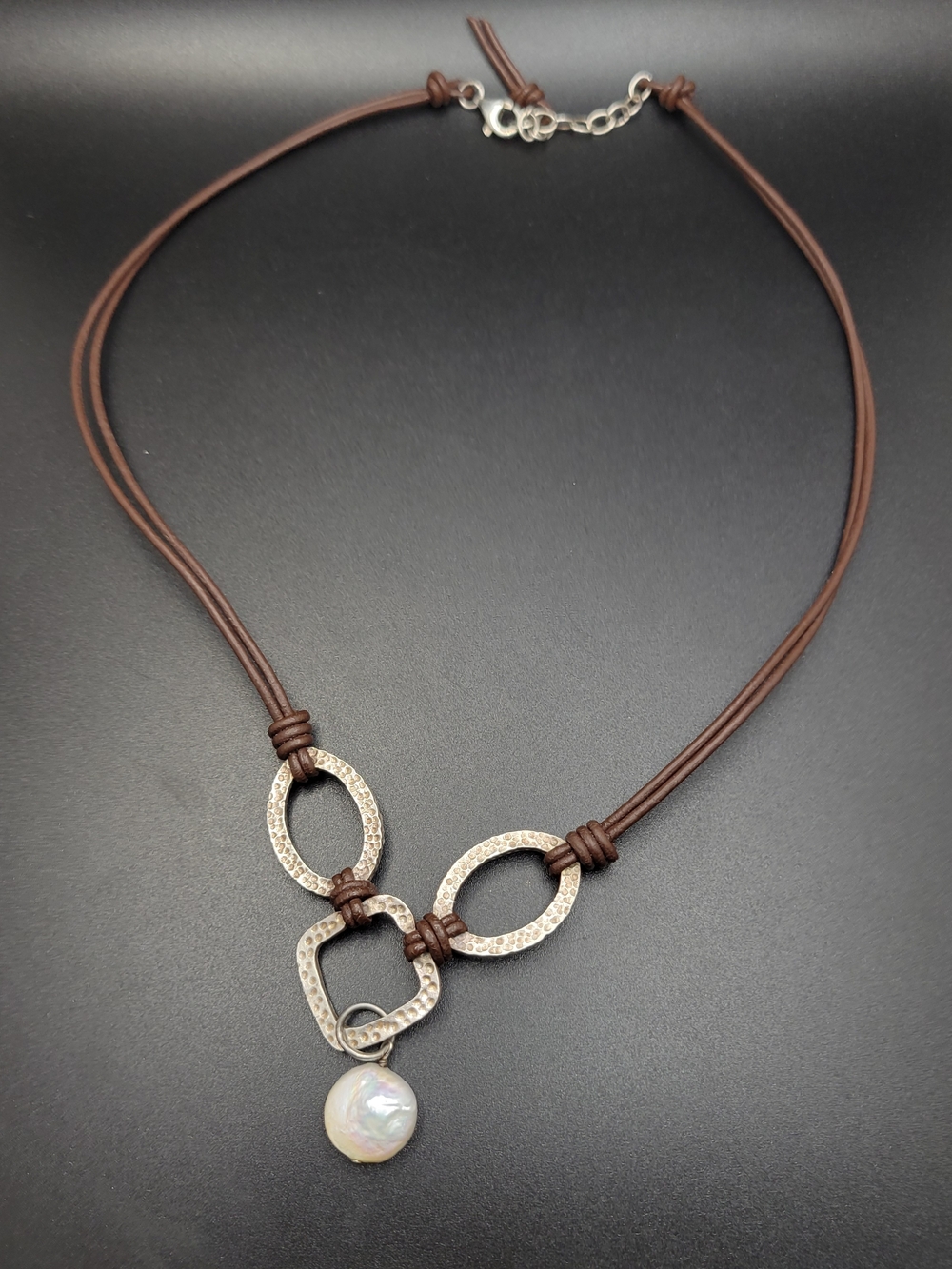 Silpada Brown Leather Necklace with 925 Silver Hammered Rings and Pearl Pendant